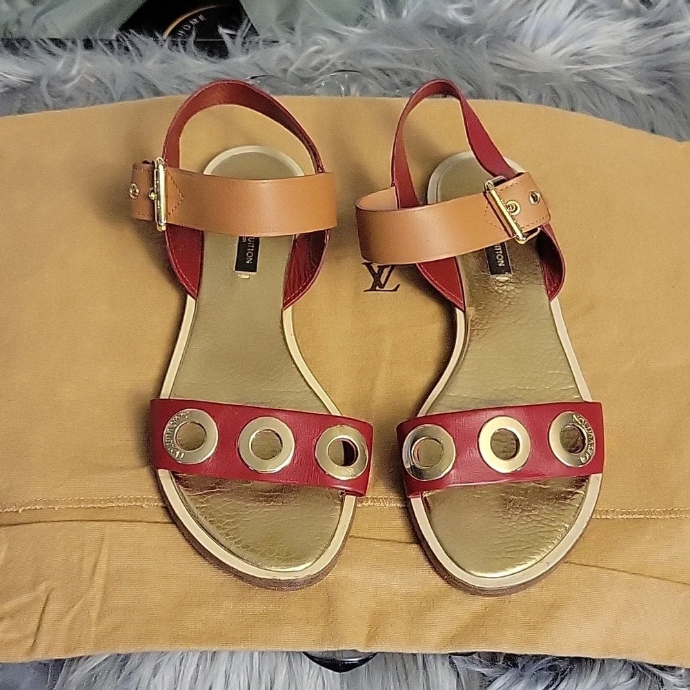 Louis Vuitton Red and Tan Leather Sandals - Picture 1 of 15